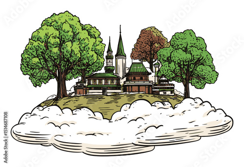 Fantasy Landscape with Trees and Castle Surrounded by Clouds and Adventure Elements