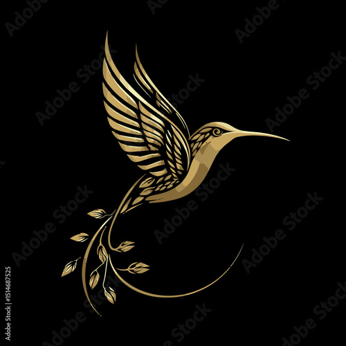 Elegant Golden Hummingbird with Floral Elements on Black Background