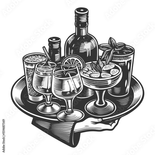 hands holding trays with mixed cocktails, garnished drinks, and bottles in classic bar style