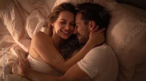 A loving couple cuddles and smiles together in bed, sharing an intimate and joyful moment under soft, warm lighting.