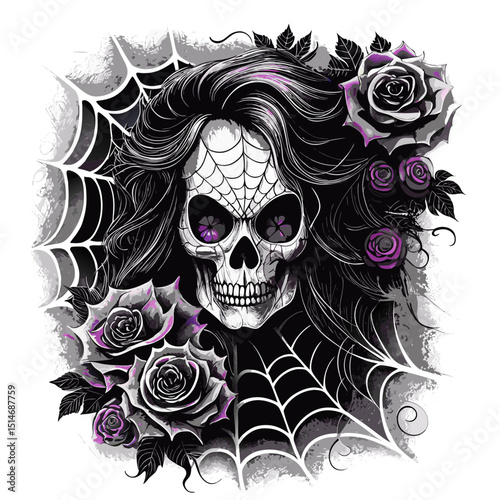 A gothic mansion abandoned and overgrown with black vines and thorny roses, the windows cracked like spiderwebs, with purple bats flying through the fog