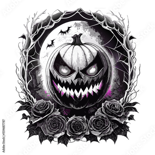 A witch’s black cat with glowing violet eyes perched atop a gravestone, surrounded by swirling fog, thorns, and webs woven between skeletal hands rising from the ground