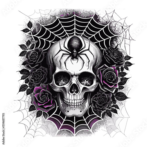 An ancient gothic mirror cracked and bleeding shadowy mist, framed with black roses and lurking spiders, with a skull faintly reflected in the glass
