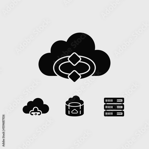 Cloud computing and database server icons isolated on white background representing network storage, data transfer, and digital information systems