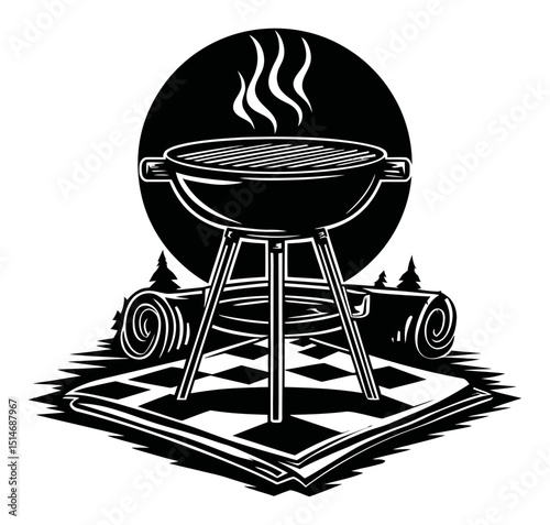 Classic BBQ Grill Illustration with Smoky Vapors and Forest Background Design