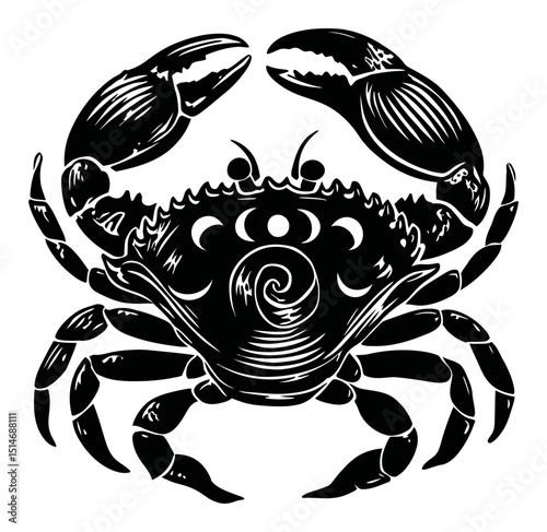 Intricate Black and White Illustration of a Detailed Crab with Artistic Engraving Style