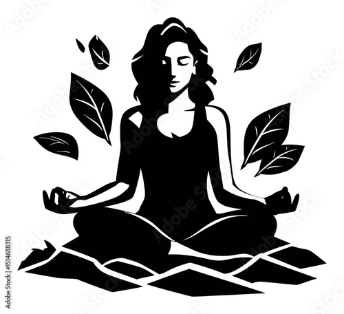 Serene Woman Meditating with Leaves Floating Around in Artistic Engraving Style