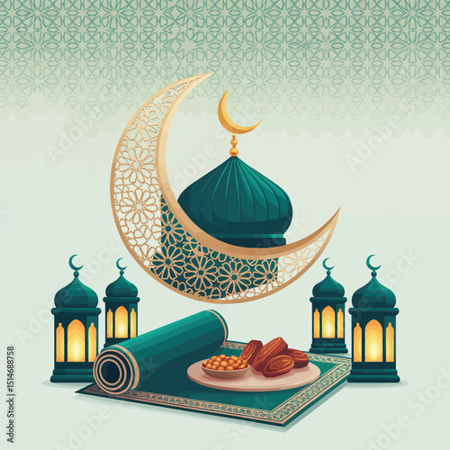 Ramadan kareem and eid mubarak celebration with mosque, moon, lantern, dates and prayer mat for the holy islamic muslim festival and traditional culture