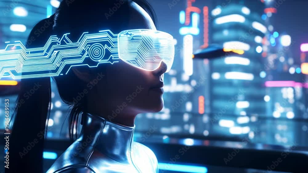 custom made wallpaper toronto digitalWoman in futuristic VR glasses with glowing circuit patterns interacts with a digital world in a neon city. Concepts of metaverse, innovation, and cyber technology.
