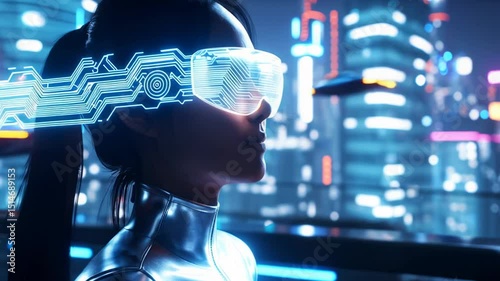 Wallpaper Mural Woman in futuristic VR glasses with glowing circuit patterns interacts with a digital world in a neon city. Concepts of metaverse, innovation, and cyber technology. Torontodigital.ca