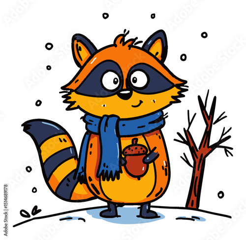 Cute Cartoon Raccoon Character in Winter Clothing Holding Acorn in Snow Scene