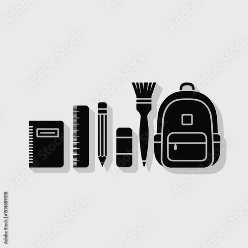 School supplies isolated on white background including a notebook, ruler, pencil, eraser, brush, and backpack in a simple black and white design