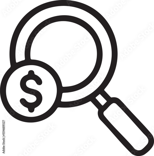 Magnifying Glass with Dollar Sign Financial Analysis and Investigation Icon in Black and White