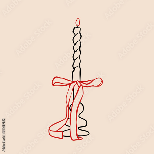 Candle in candlestick with bow ribbon. Elegant shape. Outline vintage candle holder, candelabrum. Hand drawn modern Vector Illustration. Isolated design element