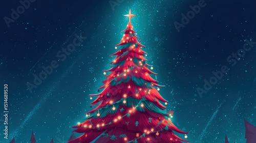 A beautifully decorated Christmas tree glows with lights under a starry night sky.