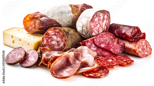 A charcuterie board with cured meats and cheese, isolated, no text or logo