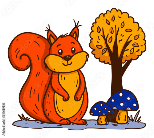 Charming Cartoon Squirrel Before Colorful Tree and Fun Mushrooms in Autumn Scene