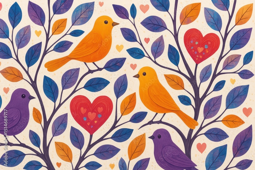 Romantic Birds on Branch with Hearts Lovely Orange Purple Birds Illustration Cute Nature Spring Summer Design Vibrant Colors Happy Artistic Birds Artwork Digital Painting tree fauna avian image sweet Romantic Birds on Branch with Hearts Lovely Orange Purple Birds Illustration Cute Nature Spring Summer Design Vibrant Colors Happy Artistic Birds Artwork Digital Painting tree fauna avian image sweet