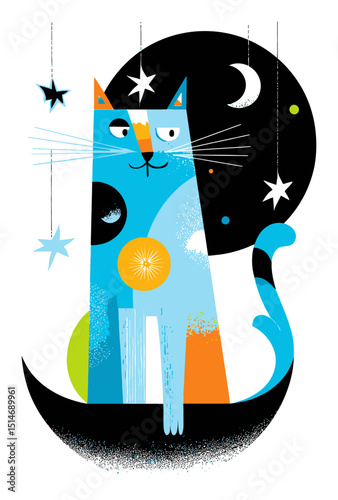 Colorful Cat Illustration in a Cosmic Scene with Stars and Moon for Creative Projects