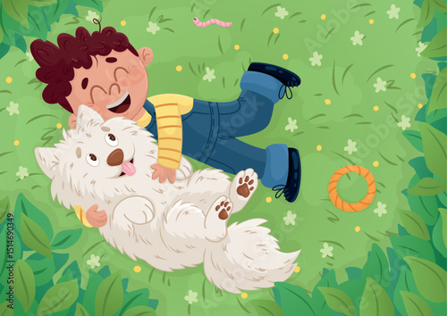 Boy and dog lying in grass, top view, summer day
