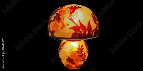 Lamp with floral ornament in yellow red and brown colours isolated on black background 
