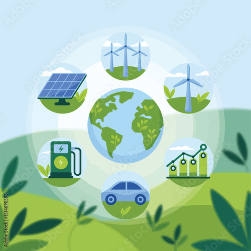 Illustration depicting the earth surrounded by symbols of renewable energy sources, electric vehicles, and a growth chart, representing sustainable technology.
