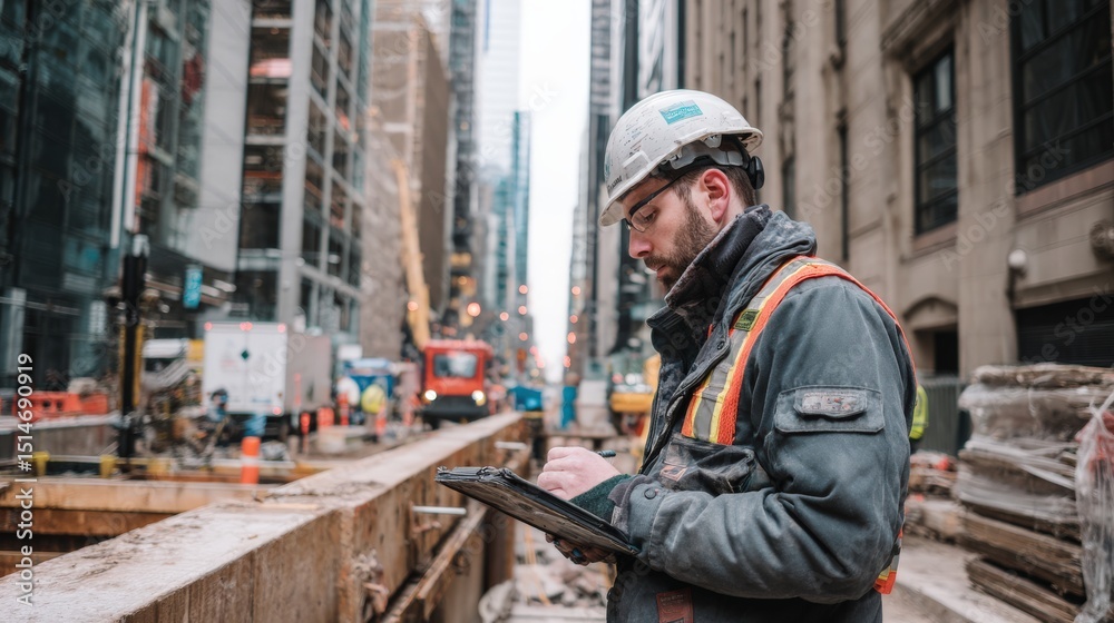A construction worker inspects plans at an urban job site surrounded by tall buildings and equipment. A construction worker inspects plans at an urban job site surrounded by tall buildings and equipment.