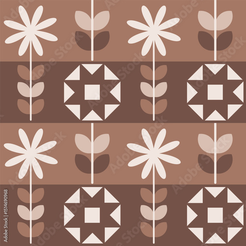 Floral Minimalist Geometric Mid Century Modern Style Coffee Color Seamless Pattern