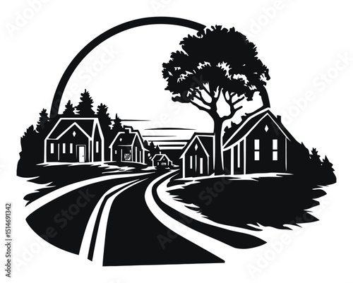 Serene Landscape Illustration of Houses and Trees in a Black and White Style