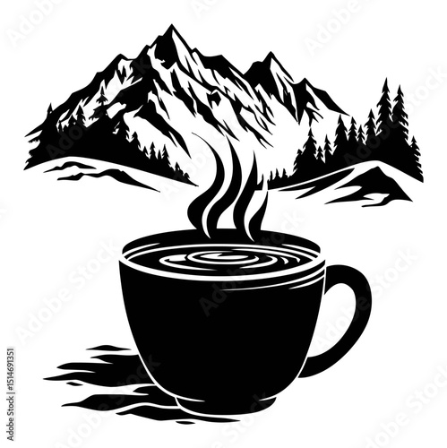 Black and White Illustration of a Hot Drink Cup with Mountains and Trees in Background
