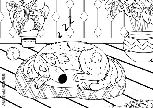 Coloring page with a dog sleeping in a bed