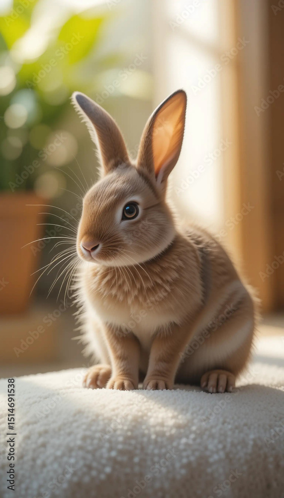 Fototapeta premium Cute brown rabbit sitting calmly in a sunlit room with plants nearby in a cozy, serene setting