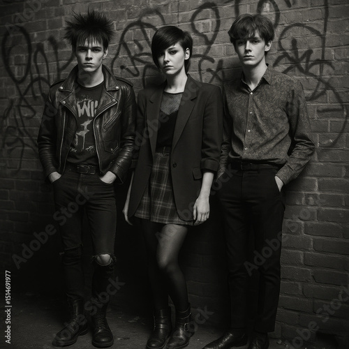 Edgy young trio, two men and one woman, in punk rock fashion pose against a graffiti brick wall. Black and white. Youth subculture, alternative band vibe.