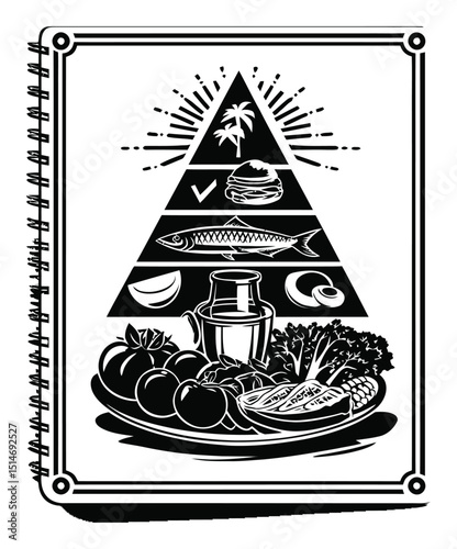 Illustrated Food Pyramid Promoting Healthy Diet and Nutrition Ideas in Black and White