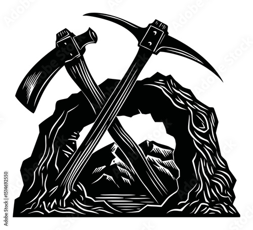 Vintage Style Engraving of Mining Tools with Mountain Background Illustration