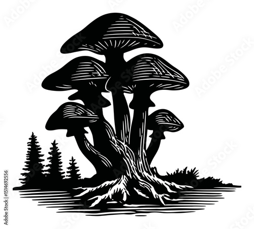 Detailed Black and White Engraving of Stylized Mushrooms Surrounded by Trees