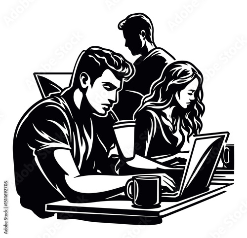 Illustration of young people engaged in focused work at a modern workspace
