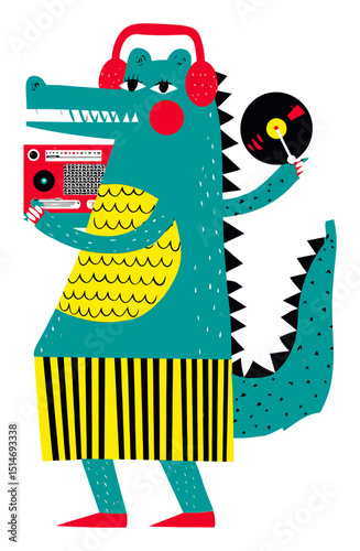 Colorful Alligator Wearing Headphones with Record Player and Retro Radio Illustration