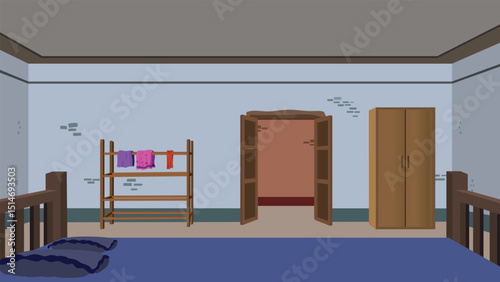 Indian Village Bedroom Cartoon Vector – Rural House Interior with Bed, Wardrobe, Clothes Rack, Open Door, Traditional Room Scene – Animation Background for 2D Cartoon Projects

