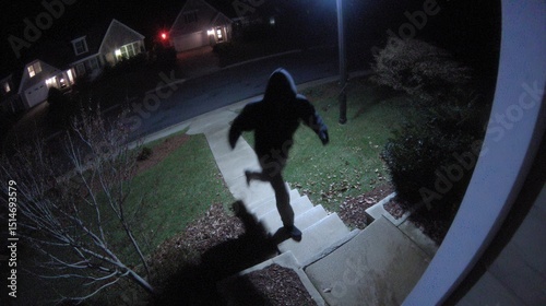 A person in a hoodie approaches a house at night, caught by a security camera on a dimly lit suburban street.