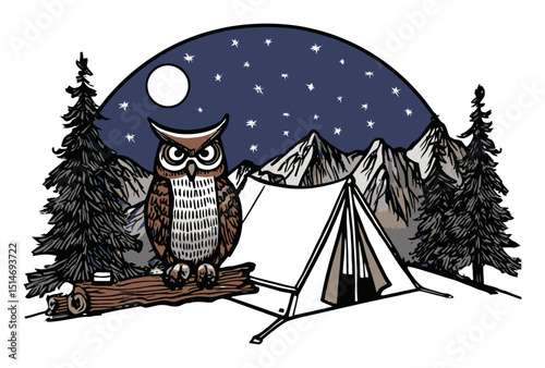 Owl Illustration in Camping Scene Under Starry Night Sky with Tents and Trees