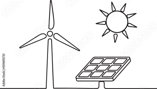 Wind turbine and solar panel with sun in one continuous line drawing, minimalist renewable energy concept vector in simple linear style

