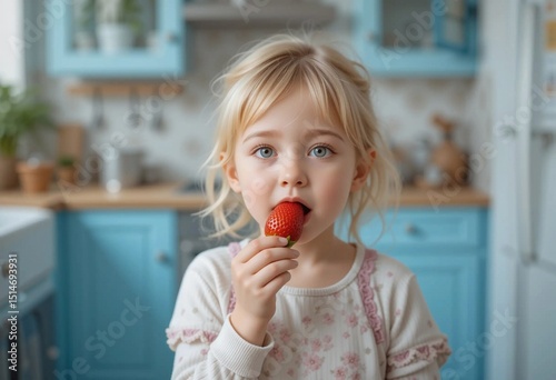 Young girl enjoying a fresh strawberry in a bright blue kitchen with cheerful decor