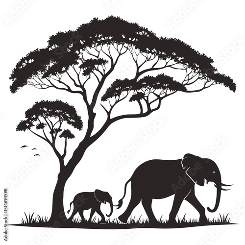 Sunset safari landscape with elephant family silhouettes by a tree