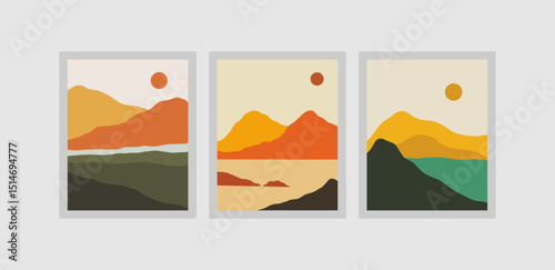 Autumn season of natural concept with flat style of mountain shape. Wall art design in vector illustration with river.