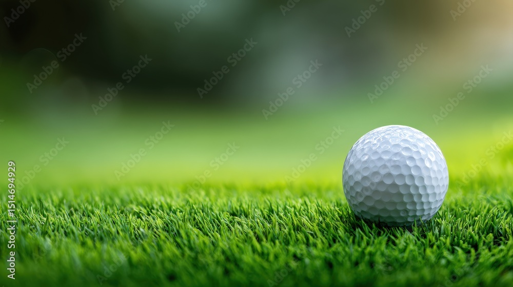 Obraz premium A white golf ball rests on green grass, ready for play on a golf course under natural light.