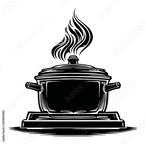 Vintage Style Engraving of a Cooking Pot with Steam Rising Above It