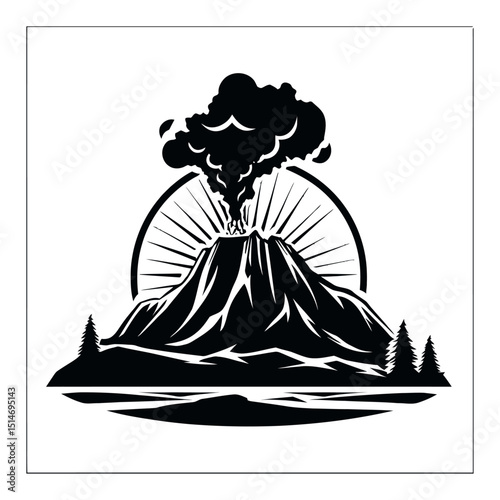 Black and White Engraving of a Volcano Erupting with Clouds and Sun Rays