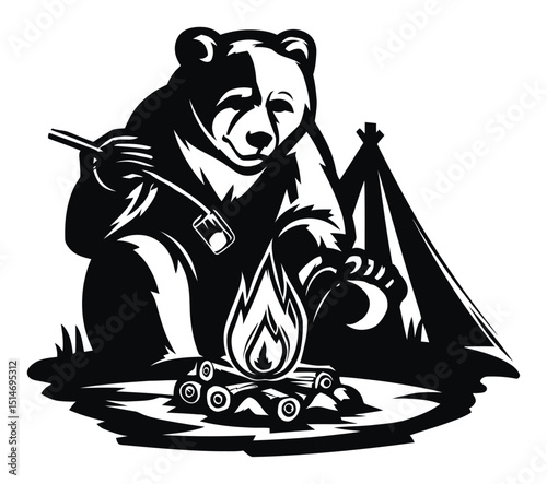 Vintage Bear Campfire Illustration with Tent and Burning Wood in Black and White