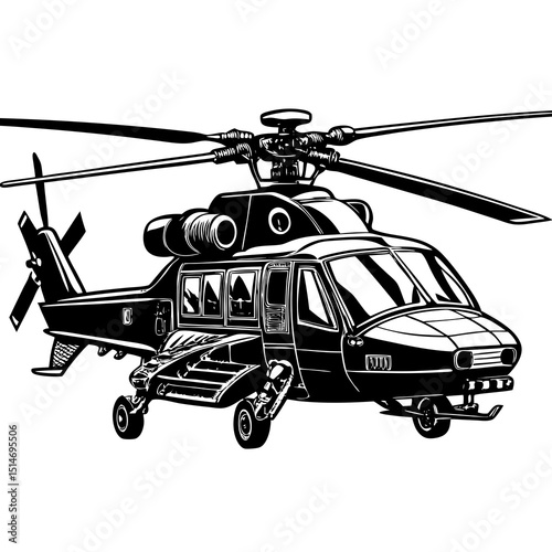 Military Attack Helicopter Silhouette – Vector Side View Illustration"

